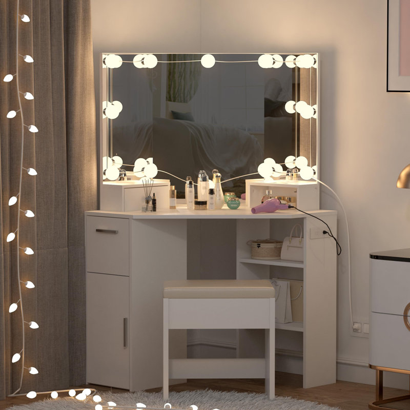 Corner Vanity Set With Charging Station, Vanity Desk With Lights