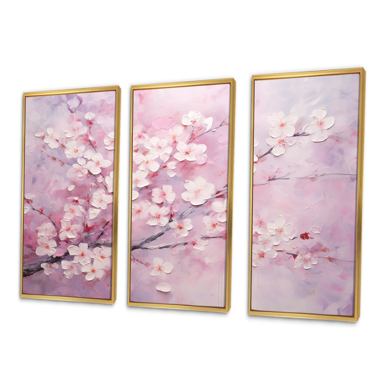 Minimalisme, cerisier rose - ensemble de reproductions d'art mural cerisier en fleurs, Cadre flottant doré