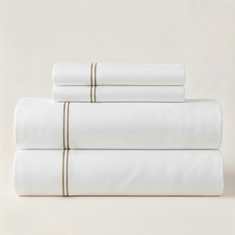 500TC Cotton Double Embroidery Sateen Solid Cotton 4 Piece Sheet Set Fitted Sheet Fits Upto 16" Deep Pocket, King Sheet Set