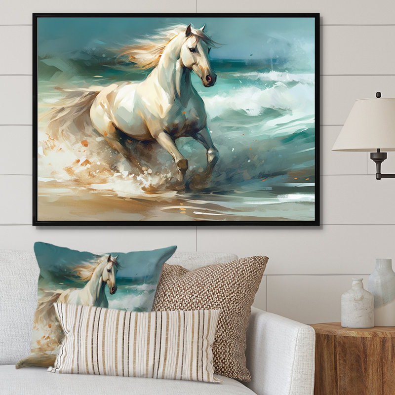 Cheval sur la plage II - art mural cheval pour le salon, Cadre flottant noir, H 12 po x l 20 po