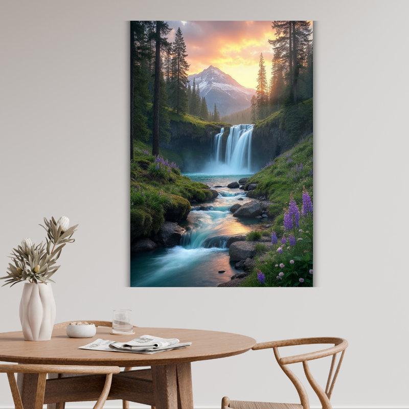 Art mural en verre trempé Waterfall Mountain, H 24 po x l 18 po