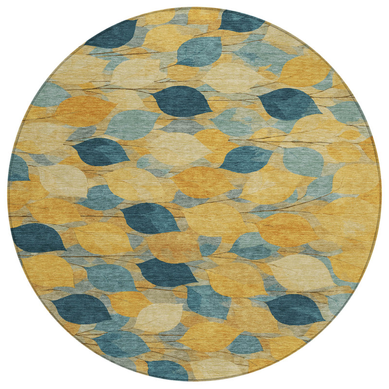 Machine Washable Indoor/Outdoor Chantille ACN2444 Floral Rug, Gold, 8' Round