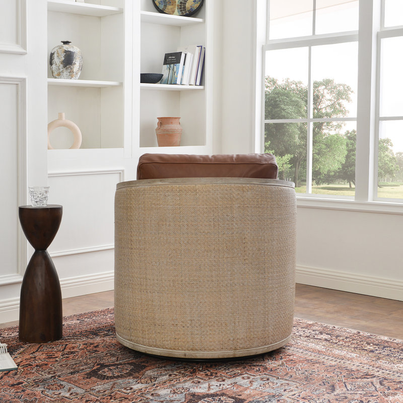  Fauteuil demi-tonneau pivotant en cuir véritable et bois de chêne, Cuir véritable brun