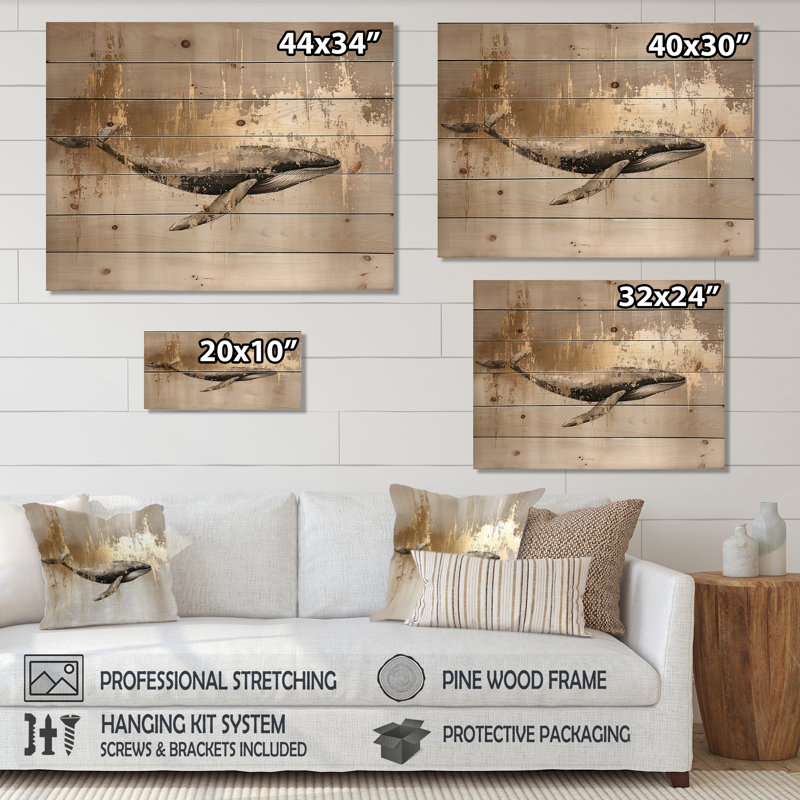 Aquarelle de baleines, horizon glam, baleine, impression sur bois doré sur bois de pin naturel, H 24 po x l 32 po