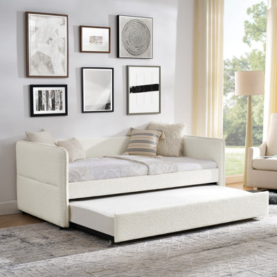 Lit de jour simple tapissier avec couchette, Boucle beige, 83 po x 43 po x 29,5 po, rayures verticales, côtés rembourrés de mousse, tissu idéal pour les cafés Boucle, motif, dossier, chambre à coucher