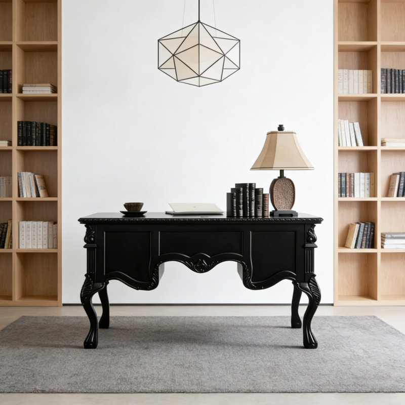 Bureau noir rétro de style français sculpté, H 30,7 po x l 53,1 po x P 29,5 po