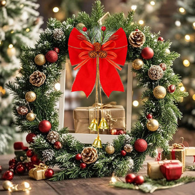 12 Pcs Christmas Wreath Bows With Jingle Bells And Pinecone Hanging Christmas Tree Topper Xmas Bow Pine Cones With Bell Pendant Decorative Bows Ornament For Party Decoration Kitchen Cabinet