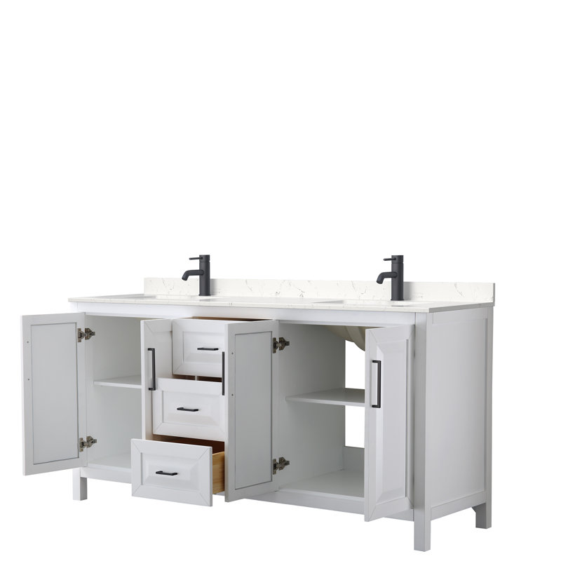 Elegant 72" White Double Bathroom Vanity with Cultured Marble Top and Brushed Gold Trim
