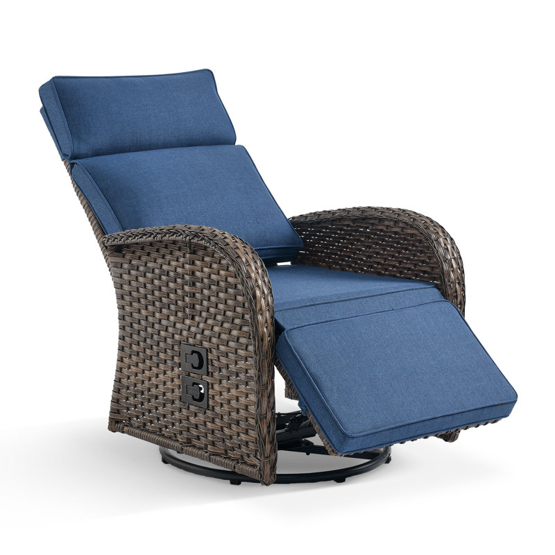 Esquer 59" Outdoor Wicker Poolside Reclining Swivel Single Chaise Lounge With Adjustable Recliner And Cushions, Bleu