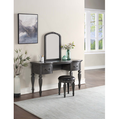 Bedroom Classic Vanity Set Wooden Carved Mirror Stool Drawers