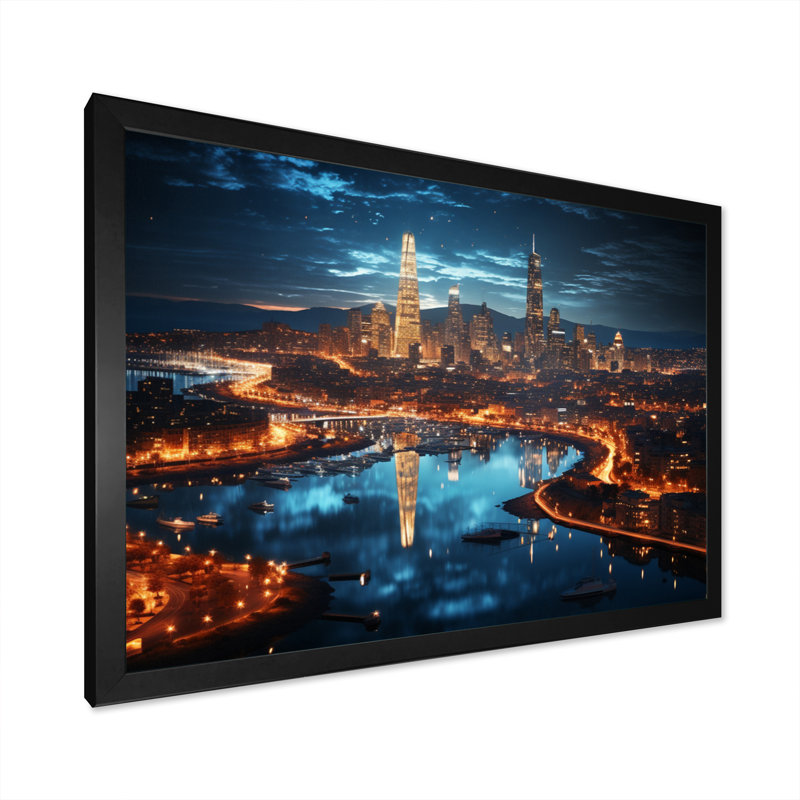 «Barcelona Beautiful Cityscape II» - reproduction, H 16 po x l 32 po x P 1 po, Cadre photo noir