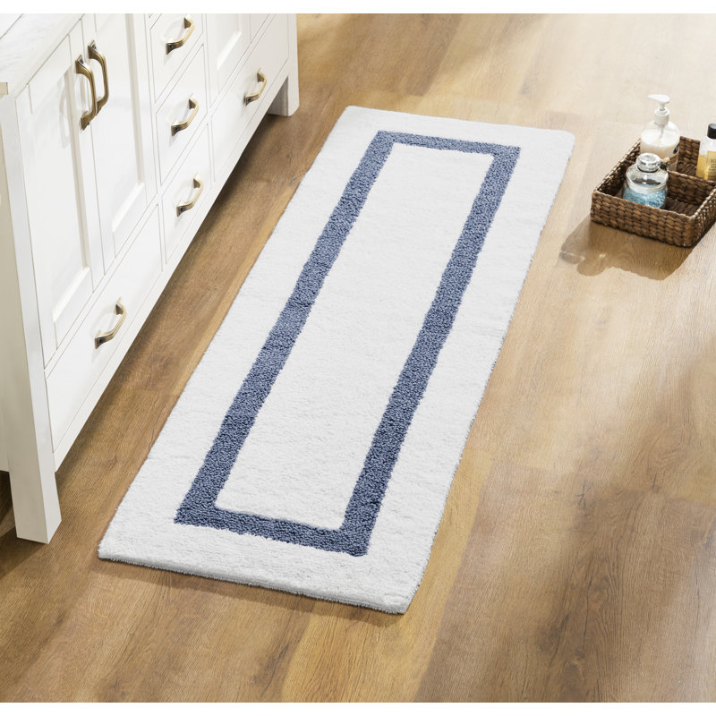 Tapis pour salle de bain réversible 100% coton Widman, Tapis de couloir 20 po x 60 po, Blanc / bleu foncé