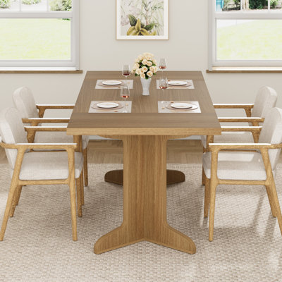 Table de salle à manger extensible en bois, table de cuisine rectangulaire moderne extensible avec pieds en piédestal uniques en forme de V, table de salle à manger extensible en chêne clair pour petit appartement