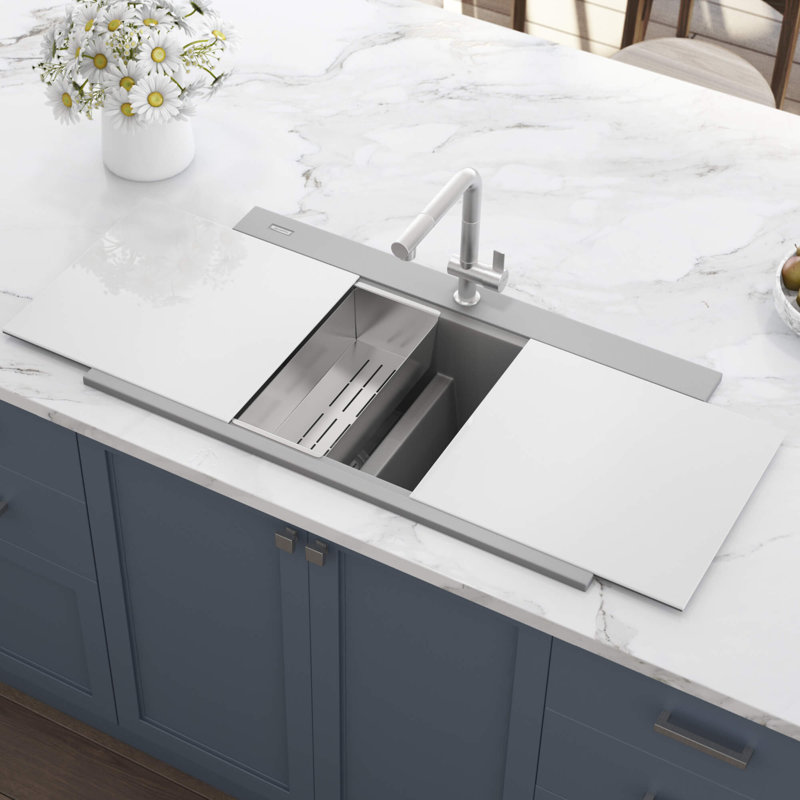 Ruvati 34 inch epiGranite Drop-in Topmount Workstation Ledge Granite Composite Quartz Kitchen Sink - Silver Gray -, Gray