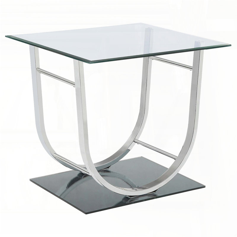 Table de bout latérale en verre chromé à plateau en U - Structure carrée, conception spacieuse