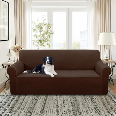 Velvet Stretch Sofa Cover For 3-Cushion Couch, Soft Furniture Protector Slipcover, Large Size, Chocolate