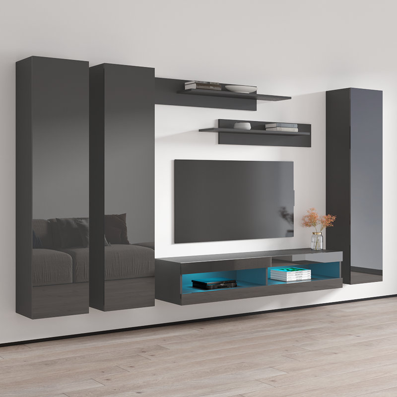 Meuble audio-vidéo mural 120 po avec éclairage 16 couleurs DEL, finition brillante 120 po, Gris