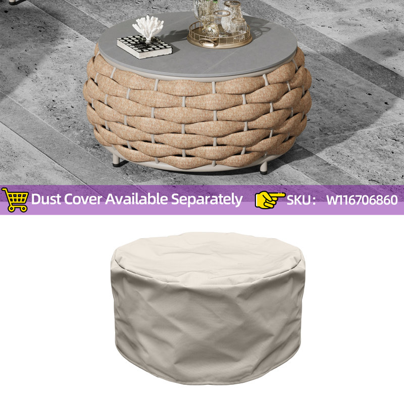 Fully Assembled Round Outdoor Coffee Table with Marble Pattern Tile Top & PVC-coated polyester Rope, Aluminum Frame for Patio, Porch, Garden Moka