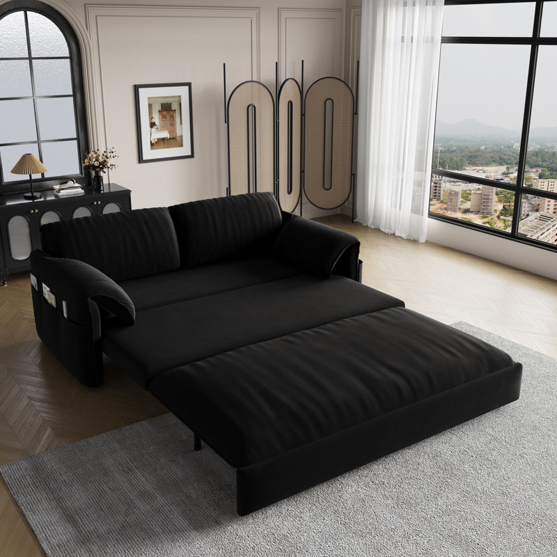 63.8" Queen Pull Out Sofa Bed, 3-in-1 Convertible Sleeper Sofa With Side Storage,multi-functional Velvet Loveseat Bed For Living Room,bedroom,apartment,office,black