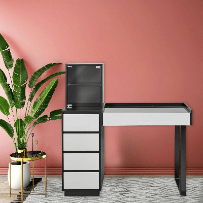 Ellana SlayStation Duet Glass Top Makeup Desk and Storage with Drawer, Vanity Modern Desk with Shelves 