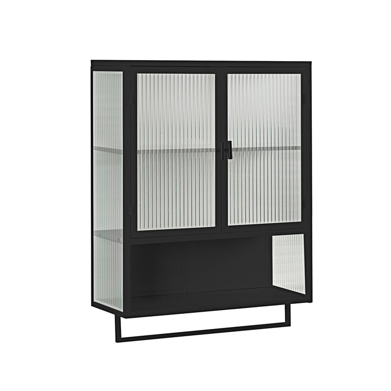 Modern Two-Door Wall Cabinet With Featuring Two-Tier Enclosed Storage, An Open Shelf, And Towel Rack, Entryway Cabinet, Black