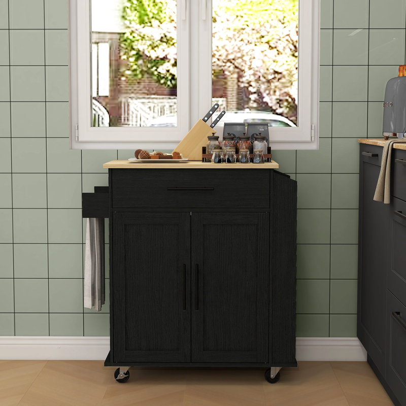 Îlot de rangement pour chariot de cuisine, prises de courant alternatif et ports, support pour micro-ondes avec support à épices pour serviettes, îlot de couleur noire et chariot roulant, support