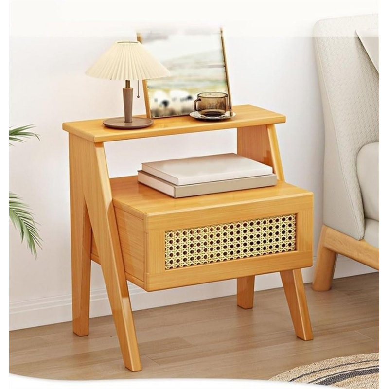 Modern Bamboo Side Table Nightstand With ABS Rattan Grid, solid wood legs And Open Storage Compartment, Nature