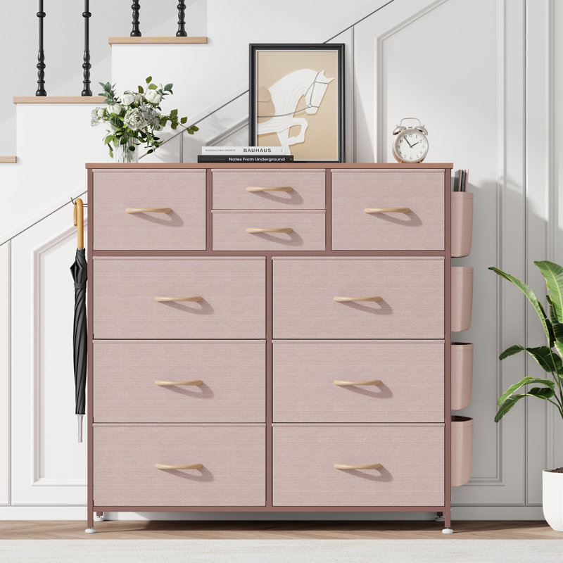 Sienna-Marie 10-Drawer Dresser for Bedroom with Side Pockets & Hooks, Wide Chest of Drawers with Fabric Bins & Metal Frame, Storage Organizer for Closet, Living Room, Dorm, Rustic Wood Top