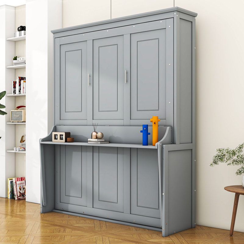 Grand lit escamotable avec tablette convertible et tête de lit, Gris