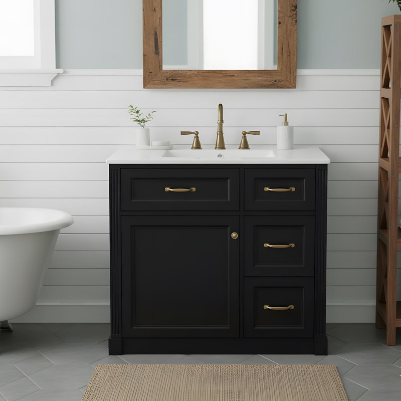 Meuble-lavabo 36 po avec lavabo et rangement, Noir, Doré