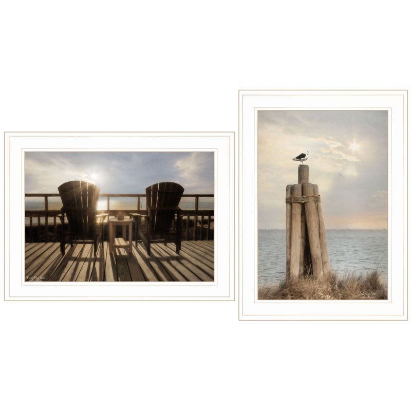 Ensemble de deux reproductions d'art encadrées blanches au bord de la mer