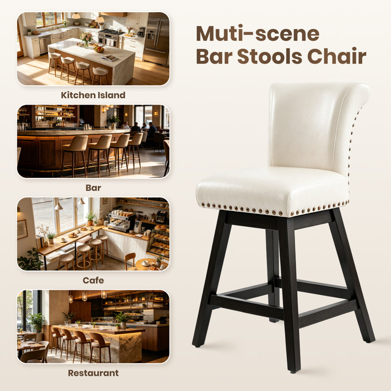 Tabourets de bar pivotants, chaises de pub rembourrées à hauteur de comptoir moderne de 26 po avec pieds en bois massif et dossier haut pour îlot de cuisine, blanc