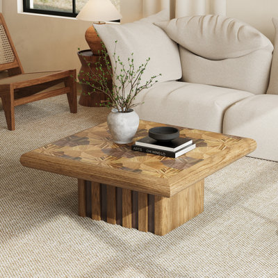 35.4" Vintage Solid Pedestal Round Coffee Table, Rustic Wood Center Table with Sturdy Square Base for Living Room