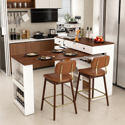 Kitchen Island with Extendable & Rotating Table, MDF with Walnut Veneer Retro Design and Wooden Upholstered Bar Stools Set of 2