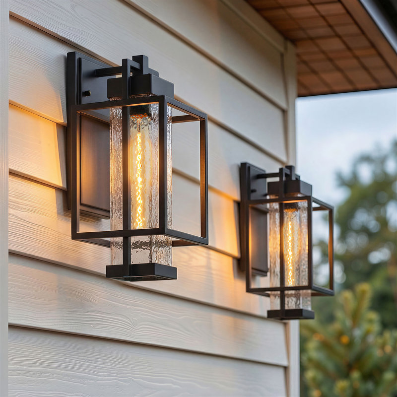 Square Textured Glass Outdoor Wall Lights,15 Inch, E26, Sand Black