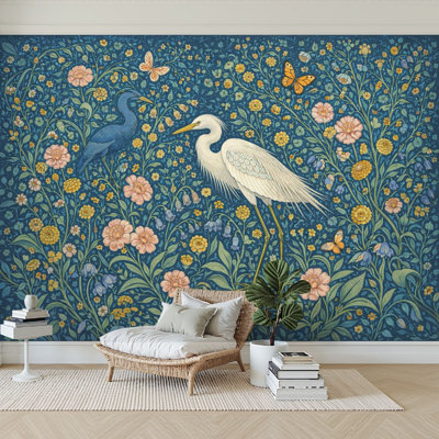Peel and Stick Wallpaper 96" W x 69" H Modern Self Adhesive Wall Mural for Bedroom White Heron Bird Floral Garden Blue Decorative