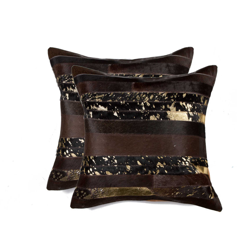 18" Chocolate and Gold Cowhide Throw Pillow Set