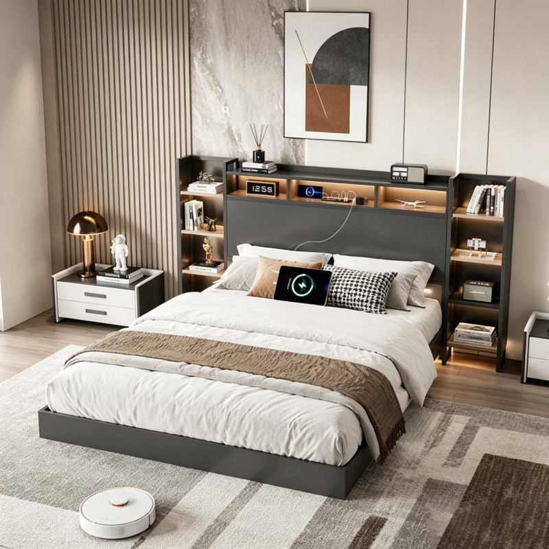 Base de lit flottante avec station de charge USB, tête de lit avec rangement et lumière DEL, Full