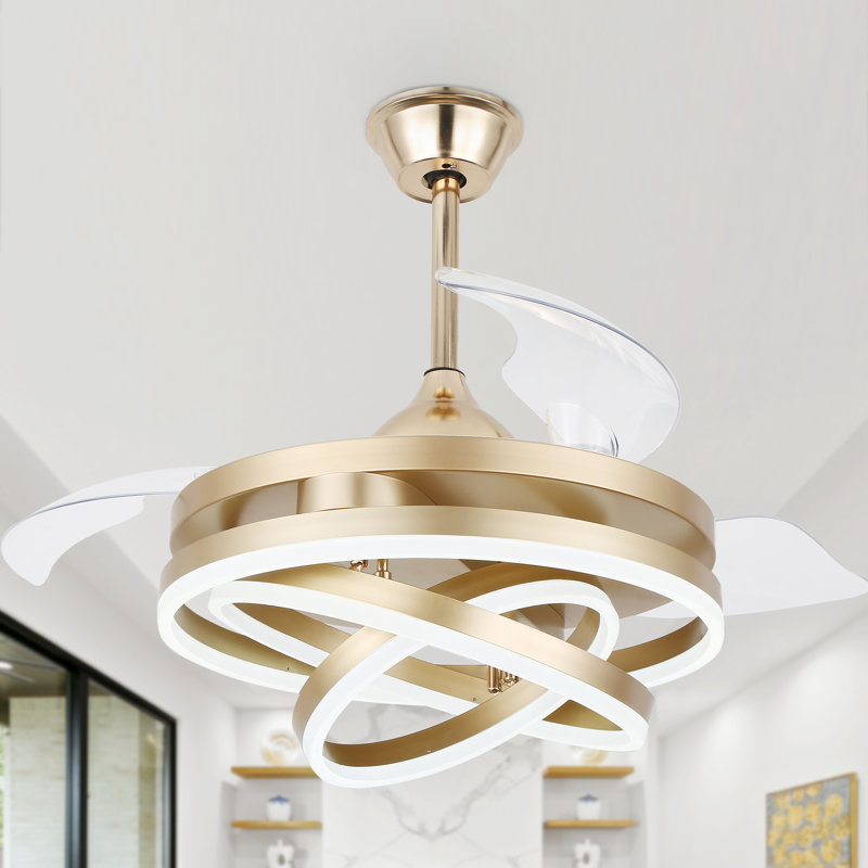 Gold Retractable LED Ceiling Fan Chandelier with Remote Control