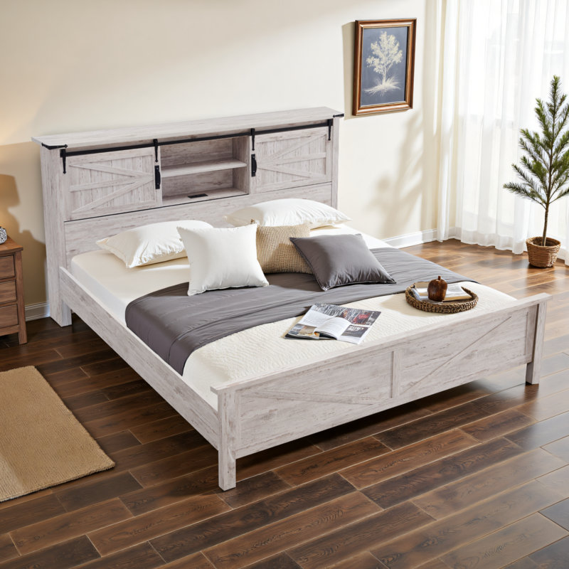 Farmhouse Bed Frame With Charging Station And Storage Cabinets, Antique Brush White, King