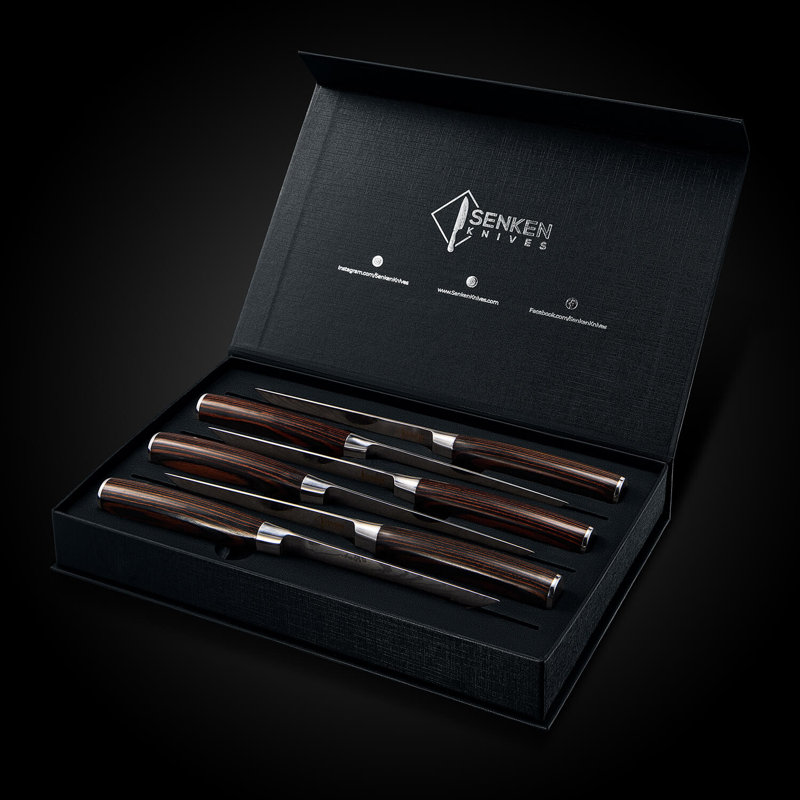 Ensemble de couteaux à steak 6 pièces Senken Knives «Imperial» avec poignées en bois à finition lisse et motif damas, pales en acier à haute teneur en carbone, boîte-cadeau de luxe