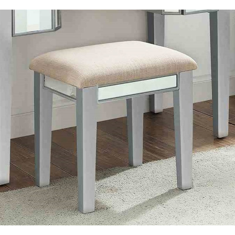Coiffeuse de style transitionnel avec tabouret, idée de maquillage en bois massif, 3 tiroirs de rangement, miroir central de 5 mm, finition argentée, idée de décoration de chambre 1 pièce et schéma de caractéristiques, schéma alternatif