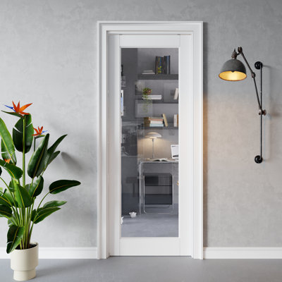 Porte intérieure en verre transparent 1-Lite, porte en verre trempé CARB P2 en panneau de fibres à densité moyenne et en verre trempé, avec cadre renforcé et trousse de quincaillerie, porte de chambre coulissante pré-finie et imperméable, teinture facile à faire soi-même pour garde-manger, chambre à coucher, salle de bain et garde-robe, 24 "x 80"