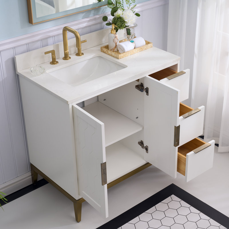 35'' H X 36'' W Solid Wood Bath Vanity with Stain-resistant Carrera White Quartz Top and Single Sink, White