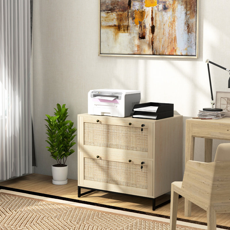 Classeur à 2 tiroirs verrouillables - Organisateur de bureau vertical de qualité, barre de suspension réglable pour différentes tailles de papier Coloriage naturel pour espace de travail