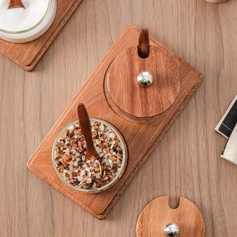 Ensemble de contenants à condiments avec couvercles en bois d'acacia et boîte d'assaisonnement pour pots à condiments avec cuillères