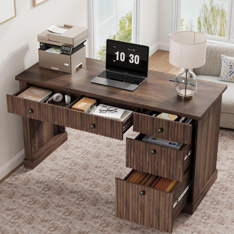 54" Fluted Home Office Desk with Charging Station, Modern Executive Computer Desk with File Cabinet, Brown
