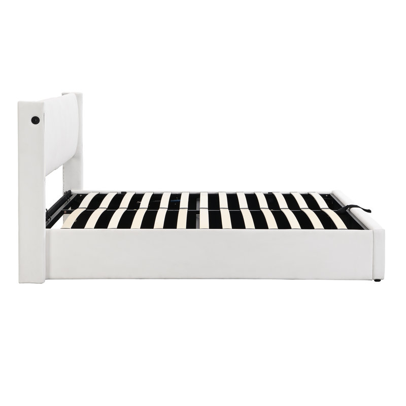 Upholstered Storage Bed With Adjustable Headboard, USB And LED PU, White, Double (4'6)