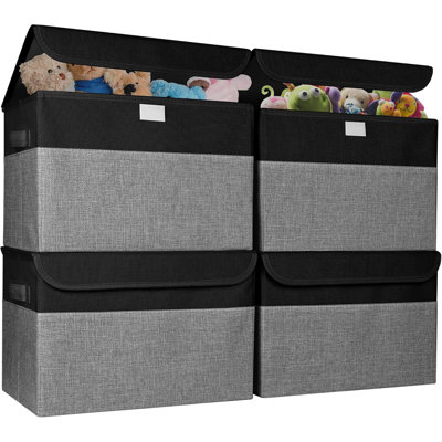 Set Of 4 Foldable 22 Qt Linen Storage Bins With Lids & Handles Black & Gray