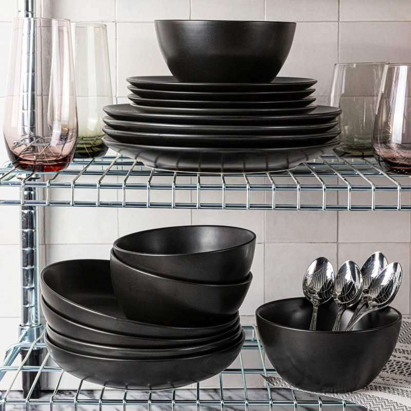 over&back Coupe 16-Piece Semi Hand-Finished Stoneware Dinnerware Set, Service for 4, Black